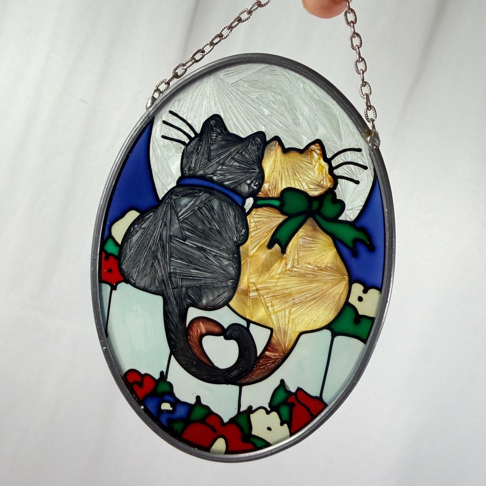 Cats on Fence Suncatcher Oval Glass Moon Heart Tails Black Ginger Cat 5.25in